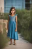 Placeholder: Little 8 years old girl wearing a dress, blue dress,standing pose