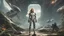 Placeholder: Wide-angle, full body of a woman, with straight blond hair, dressed like a robot, with equipment in her hands, next to a crashed spaceship, on an alien jungle world in the multiverse