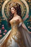 Placeholder: Queen wearing a magical gown of swirly flowing marble water gold filigree curlicues, flowering flowers, bloom, sparkle, ornamental gilt, diamonds, rubies, emeralds, sapphires, beautiful, delicate, intricate, elegant, graceful, shiny, Hyperrealism, Rococo, expressive, spherical, zoom out, volumetric lighting