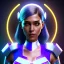 Placeholder: waitress cyber woman, indian, rounded face, blue short hair, striped shirt, vibrant color, highly detailed, art stations, concept art, smooth, unreal engine 5, god rays, ray tracing, RTX, lumen lighting, ultra detail, volumetric lighting, 3d, finely drawn, high definition, high resolution.