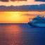 Placeholder: cruise ship sailing, atoll islands, sunset on horizon