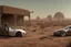 Placeholder: A Tesla 'Model S' is parked, in Mos Eisley on the planet Tatooine. (CINEMATIC, WIDE ANGLE LENS, PHOTO REAL)