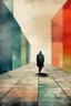 Placeholder: Man walks down empty street minimalist art in the style of Paul Klee with grunge impasto textures