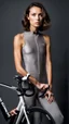 Placeholder: photography of a beautiful anorexic woman, grey satin triathlon top, brunette wavy bob haircut, flat chest, grey satin cycling leggins