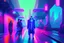 Placeholder: Cyberpunk street with holograms and train