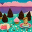 Placeholder: A landscape shot In the background A mountain made of cakes . above the mountain are pink and blue cumulus clouds made of cotton candy. a forest of lollipops and candy canes surround the lake. in the center a large ice cream float that is a lake. Groups Gingerbread people are sunbathing under a sunflower sun. Some gingerbread people are drinking from the lake