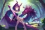 Placeholder: House, forest,pink crystals, girl , purple hair, big dragon tail, dragon horns, sit, dragon ear , have sword, dragon foot ,