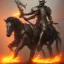 Placeholder: Skull headed warrior riding a muscular black horse with feet of fire, battle scars, still standing, rage, armor, foggy, electric currents, sword, pride, honor, scary, detailed, 4K, HD, Center line