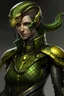 Placeholder: a female humanoid snake, wearing a black leather armor, green scales, yellow eyes