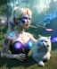 Placeholder: Ultra realistic wonderland photo, happy blonde woman smoking a shisha, blue dress, big purple-cat friend, circus dress style, old school tattoo, smoke, marijuana garden, glow eyes, perfect iris, soft color, highly detailed, unreal engine 5, cinematic, ultra detail, volumetric lighting, high definition.