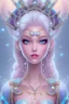 Placeholder: cosmic princess girl belle fine, profil de trois quart, grand front cosmique, peau bleu cristalline, yeux bleu, perle sur le front long cheveux blond et rose etoilé, cristaux sur le corps, collier de grande princesse, levres souriante, très jolie sourire