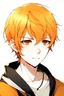 Placeholder: Anime boy with neck length bright orange hair, with black eyes and slightly narrow eyes, with pale skin