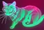 Placeholder: black background, outlines of a full-figure holographic cat, drawn from thin neon-coloured glowing lines