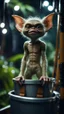 Placeholder: close up portrait of a gremlin with arm hair standing up in a model a bucket ski lift in dark lit reflective wet jungle metallic hall dome hotel tunnel, in the style of a game,bokeh like f/0.8, tilt-shift lens 8k, high detail, smooth render, down-light, unreal engine, prize winning