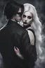 Placeholder: Close up of an Attractive goth man holding his goth girl, he is looking mysteriously at the camera with her back faced to the camera. Dark eyes, White hair, ,super realistic, smoky background