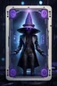 Placeholder: sacred geometry framed playing card, black, blue and purple drum set spider cyber punk dancer thief in soaked rain coat and cowboy witch hat shadows boss card in the style of Giger and fallout 4 ,,bokeh like f/0.8, tilt-shift lens 8k, high detail, smooth render, down-light, unreal engine