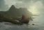 Placeholder: Small shipwreck at a pebbled cliffside, fantasy, mystical, lightshafts, storm in the distance