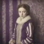 Placeholder: Ann boleyn, purple fur, striped wallpaper, old autochrome