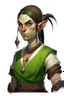 Placeholder: strong tomboy young half orc woman who works at a tavern with pointy ears and green skin realistic