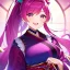 Placeholder: girl, masterpiece, best quality, volumetric lighting, detailed outfit, perfect eyes, long hair, fuchsia hair, fuchsia eyes, laughing, obi, ponytail,