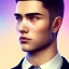 Placeholder: man, cute face, white highlight hair, brown eye, white, skin, purple suits, futuristic, science, purple, blue, pink background lighting, technology, profile, asian boy, square face, eye