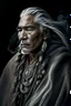 Placeholder: a photo of an Native american indian man with ethnic jewelry, grey hair and grey flowing robe, in style of Annie Leibovitz, contemporary portrait of a mature yet beautiful and modernist man, black and grey, detailed masculine face, swirling fluid smokey enigma, award-winning artwork