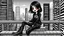 Placeholder: one cute weird emo style detalied cartoon girl with dark eyes, dark hairstyle, black jeans , black make up, and black boots. she sittings on upstairs and she no smiles, background a cartoon modern downtown city , office buildings, no Chinese subtitles, wide streets, markets, full body, digital art, detalied, illustration.