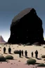 Placeholder: giant black rock in the desert with small people around n the style of Hiroshi Nagai