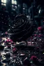 Placeholder: image of a black rose, petals are falling to the ground, each petal has a cinematic scene on it like an old cinema movie scene, one of a fighting couple, the other of them laughing, a third one of a girl crying, the theme is built around the picking of petals while saying he loves me, he loves me not, cinematic lighting, 8k highly detailed, surreal and striking