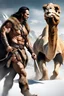 Placeholder: inspired by all the works of art in the world - laughing - Conan the Barbarian leads a cobra-headed Camel through the snow, full body image, Absolute Reality, Reality engine, Realistic stock photo 1080p, 32k UHD, Hyper realistic, photorealistic, well-shaped, perfect figure,