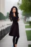 Placeholder: full body long shot of beautiful Tajik woman with make up ,high heels,pretty body shape ,standing nice high heels Tajik in street next to white house, hair in the wind, the gaze lost. diamonds and precious stones. fog. candy. pleasing rainbow colors to look at. high resolution. Perfect face. long shot ,sharp focus background ,camera :f/22 , White Hose be in sharp focus .