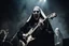 Placeholder: jeptiška hraje na pódiu v blackmetalové kapale na baskytaru a řve do mikrofonu, ponurá atmosféra, veliká scéna koncertu, pentagram, obrácený kříž, veliký kontrast, hodně detailů, fotorealistické, RAW