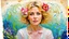 Placeholder: abstract art complementary colors fine details , old torn worn paper, high grain, portrait blonde , flowers in hair, acrylic, alcohol ink, fine drawing, A blonde woman in her 40s, with flowers woven into her loose, curly hair, sits in a whimsical, fairytale setting, surrounded by delicate swirling patterns reminiscent of the textures of old torn paper, in a vibrant, abstract style combining acrylic and alcohol ink techniques, with fine detailing that highlights complementary colors, in the expre