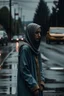 Placeholder: Gambar wanita muslimah bersedih hati berdiri diujung jalan sepi dan hujan