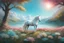 Placeholder: a pretty white unicorn, thin and light goes towards a small turquoise lake. In the foreground pink, yellow and white flowers, in the background gentle hills. very realistic painting, 8k high definition. delicate, soft and magical atmosphere.