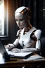 Placeholder: generate a front cover representation of Ai photo realistic attractive female humanoid bot writing a book at a desk