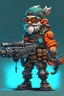 Placeholder: video game character, cyberpunk gnome, with a gattling gun