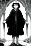 Placeholder: pallid 7 year old boy, necromancer, friendly,wearing black robes, with the lower body of a genie instead of legs, in the style of Harry Clarke