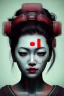 Placeholder: japan head portrait,geisha makeup, meditation, galaxy sky, 8k quality , portrait,beautiful ghost in the shell , post-apocalyptic in a sin city, realistic, intriacte detail, sci-fi fantasy style, volumetric lighting,24mm , particales,highly detailed,cinematic, deep purple , green eyes .