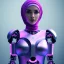 Placeholder: Cute hijab woman in a robotic suit,purple and pink backlight, profile