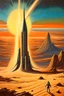 Placeholder: An oil painting in the style of the science fiction book covers from the 1960s. A small solitary rocket in the distance streaks across the picturesque starry sky, traversing the vast desert landscape of sand and rock below. In the distance, mysterious skyscrapers and an exotic city emerge on an undiscovered planet.