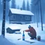 Placeholder: a sad depressed Finnish man without food on his plate, outside his house in the forest, Winter, snow, very cold, Finnish flag at half way up, Finnish flag, a bottle of Vodka in his hand, knifes and sauna, Simon Stålenhag style, empty vodka bottles on ground