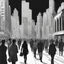 Placeholder: woman in the midle of a peatonal walk in e great city; behind her, unfocaused, other people walking, realism, black and white
