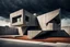 Placeholder: photo from high realistic strange giant asymmetrical concrete house with wide and asymmetrical unique rooftop, deep, dark and complementer colors, metalic, minimalism, random utopistic background, landscape, detailed, sharp focus, cinematic