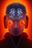 Placeholder: satoshi nakamoto in the bitcoin brain, Fire theme art, Dark moody night atmosphere, , 8K, close-up face, anatomically perfect face