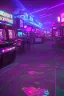 Placeholder: A dark photo of a full panoramic view an 80's aesthetics arcade at night, with a lot of functioning arcade machines, a vaporwave floor and some colorful tiles in between the floor. Purple aesthetics.