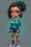 Placeholder: create a colorful digital urban culture art image 8k of a chibi curvy black female wearing torn jeans pants with fringe on the side and a teal-tie dye off the shoulder blouse. Prominent make up with hazel eyes. Highly detailed long WAVY PONYTAIL