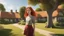Placeholder: A photorealistic image of a red-haired, slender woman standing in a village green, surrounded by many thatched cottages, next to a large tree. Sunny day.