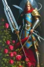 Placeholder: A large metal holy spear weapon covered in roses and thorns, realistic, fantasy,