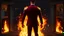 Placeholder: Hyper Realistic Photographic-Silhouette View of a handsome muscular Fire-Superhero wearing long-fancy-Maroon-tuxedo with-golden-flame-patterns on back of his tuxedo, fancy-red-sunglasses with fire-embers-around-him & standing on a vintage-crafted-balcony & open-fancy-burning-windows at dark night showing dramatic & cinematic ambiance.